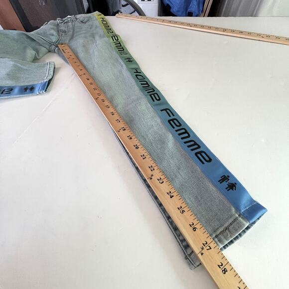 Homme + Femme NEW Tesla Skinny Blue Jeans 28 Yellow Green Gradient Logo Ribbon - Picture 8 of 9
